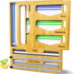 Deepdive Ziplock Bag Organizer and Plastic Wrap Dispenser with Cutter, 6 IN 1 Bamboo Foil and Plastic Wrap Organizer for Kitchen Drawer, Ziplock Bag Storage Organizer for Gallon,Quart,Sandwich,Snack