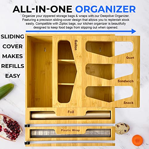 Deepdive Ziplock Bag Organizer and Plastic Wrap Dispenser with Cutter, 6 IN 1 Bamboo Foil and Plastic Wrap Organizer for Kitchen Drawer, Ziplock Bag Storage Organizer for Gallon,Quart,Sandwich,Snack