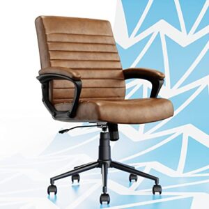 click365 transform 3.0 extra comfort ergonomic mid back channel stitching desk chair, with padded armrests, adjustable-height, tilt, lumbar support, 360-degree swivel, bonded leather, cognac