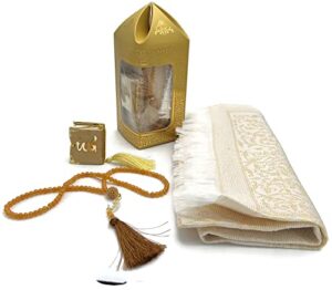 muslim gifts hajj hac haji gift set prayer rug janamaz seccade pearl tasbeeh prayer beads and pocket or car decor mini quran 3pcs/set (gold)