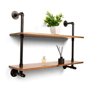 Pipe Floating Shelves, 2 Tier Wall Shelf with Towel Bar, Industrial Pipe Floating Shelves, Wall Mount Bookshelf for Bedroom, Kitchen, Living Room, Hanging Bookshelf 35.5 in L