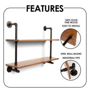 Pipe Floating Shelves, 2 Tier Wall Shelf with Towel Bar, Industrial Pipe Floating Shelves, Wall Mount Bookshelf for Bedroom, Kitchen, Living Room, Hanging Bookshelf 35.5 in L