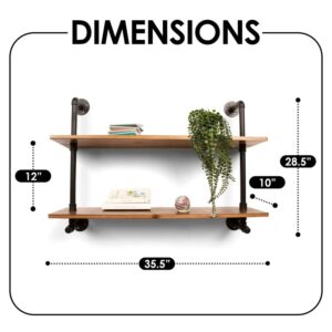 Pipe Floating Shelves, 2 Tier Wall Shelf with Towel Bar, Industrial Pipe Floating Shelves, Wall Mount Bookshelf for Bedroom, Kitchen, Living Room, Hanging Bookshelf 35.5 in L