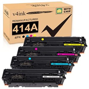 v4ink 414a toner cartridge [with chip] replacement for hp 414a w2020a 4 packs for use in hp color pro mfp m479fdw m479fdn m454dw m454dn m454 m479 m455dn m480f printer, remanufactured toner (4 packs)