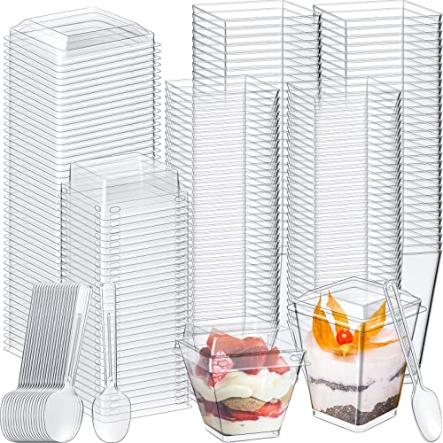 Mimorou 200 Pieces 5 oz and 2 oz Dessert Cups with Lids and Spoons, Clear Plastic Parfait Appetizer Cup Set Small Square Dessert