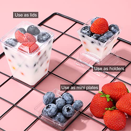 Mimorou 200 Pieces 5 oz and 2 oz Dessert Cups with Lids and Spoons, Clear Plastic Parfait Appetizer Cup Set Small Square Dessert