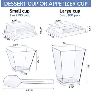 Mimorou 200 Pieces 5 oz and 2 oz Dessert Cups with Lids and Spoons, Clear Plastic Parfait Appetizer Cup Set Small Square Dessert