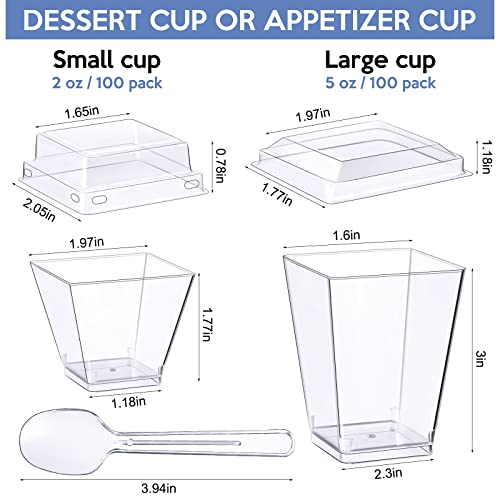 Mimorou 200 Pieces 5 oz and 2 oz Dessert Cups with Lids and Spoons, Clear Plastic Parfait Appetizer Cup Set Small Square Dessert