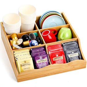 wuweot coffee condiment organizer, bamboo storage bin drawers box, coffee station organizer pantry sugar tea bag packet organizers, desk storage tray containers with 6 removable compartments