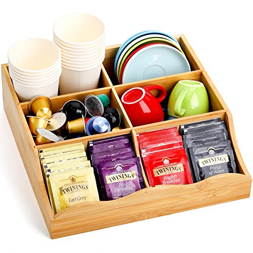 WUWEOT Coffee Condiment Organizer, Bamboo Storage Bin Drawers Box, Coffee Station Organizer Pantry Sugar Tea Bag Packet Organizers, Desk Storage Tray Containers with 6 Removable Compartments