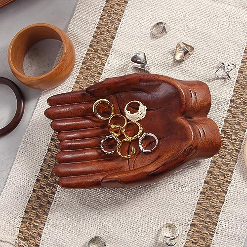 Eiyye Carved Hands Decorative Bowl, Crystal Holder for Stones, Crystal Shelf Offering Hands Sculpture, Key Bowl Wooden Decorative Tray For Entryway Table