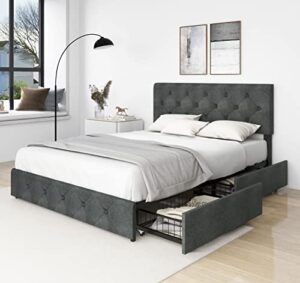 queen size modern platform bed frame with 4 storage drawers, upholstered beds with button tufted headboard height adjustable, mattress foundation with wooden slat support, dark grey faux leather