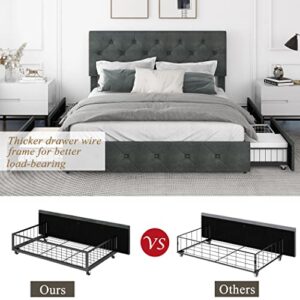 Queen Size Modern Platform Bed Frame with 4 Storage Drawers, Upholstered Beds with Button Tufted Headboard Height Adjustable, Mattress Foundation with Wooden Slat Support, Dark Grey Faux Leather