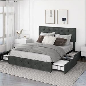 Queen Size Modern Platform Bed Frame with 4 Storage Drawers, Upholstered Beds with Button Tufted Headboard Height Adjustable, Mattress Foundation with Wooden Slat Support, Dark Grey Faux Leather