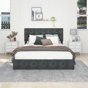 Queen Size Modern Platform Bed Frame with 4 Storage Drawers, Upholstered Beds with Button Tufted Headboard Height Adjustable, Mattress Foundation with Wooden Slat Support, Dark Grey Faux Leather