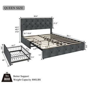 Queen Size Modern Platform Bed Frame with 4 Storage Drawers, Upholstered Beds with Button Tufted Headboard Height Adjustable, Mattress Foundation with Wooden Slat Support, Dark Grey Faux Leather