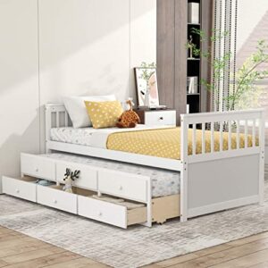 dortala trundle bed twin size, wooden daybed w/trundle and 3 storage drawers, no box spring required, modern captains bed for boys girls adults, great for bedroom, guest room (white, twin)