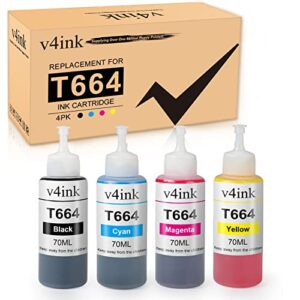 v4ink compatible 664 xl refill ink bottle replacement for 664 xl t664 for use with epson ecotank et-2500 et-2650 et-4500 l210 l310 l120 l485 l350 printer t664120 t664220 t664320 t664420-4 bottles