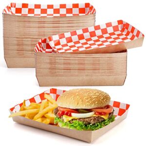 zenfun 80 pack paper food serving trays, 2 lb cardboard food boats checkered kraft tray, greaseproof fast food snack holder for snack, hot dog, hamburger and chips, party, red and white