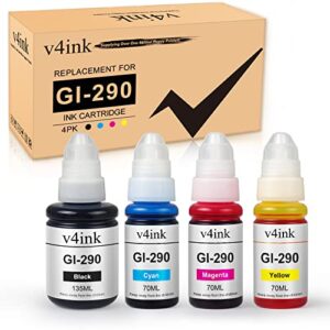 v4ink compatible gi290 refill ink bottle replacement for canon gi 290 to use with pixma g1000 g1100 g1200 g2000 g2600 g2800 g3000 g3100 g3200 g3400 g3800 g4000 g4400 series inkjet printer -4 bottles