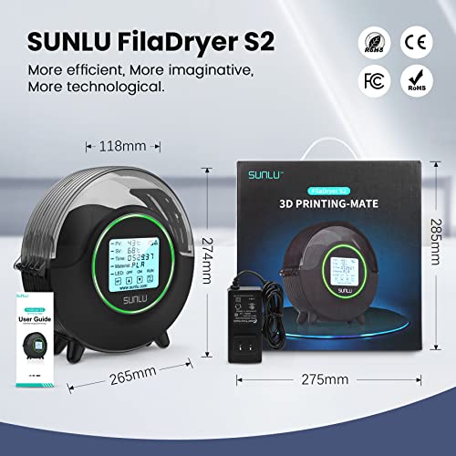 3D Printer Filament Dryer Box, SUNLU FilaDryer S2 for 3D Printing, PLA+ 3D Printer Filament 1.75mm Dimensional Accuracy +/- 0.02 mm, S2 Dryer Box & PLA+ Black