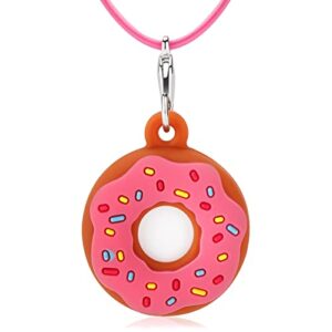 mouzor airtag holder case, cute doughnut airtag necklace with adjustable stopper for kids children, soft silicone shockproof air tag holder cover with 29 inch elastic lanyard (pink)