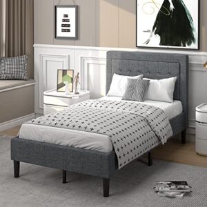 giantex upholstered bed frame, modern platform bed w/button tufted headboard, solid slats support mattress foundation, no box spring needed, easy assembly, noise-free design, twin, grey
