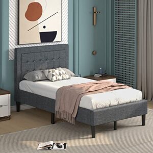 Giantex Upholstered Bed Frame, Modern Platform Bed w/Button Tufted Headboard, Solid Slats Support Mattress Foundation, No Box Spring Needed, Easy Assembly, Noise-Free Design, Twin, Grey