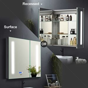 LADEED 25 x 26 Inch Medicine Cabinets Outlet,Led Lighted Medicine Mirror Cabinets for Bathroom, Defogger, Dimmer,Recessed or Surface Wall Mounted Glass Door Cabinet with Double Doors