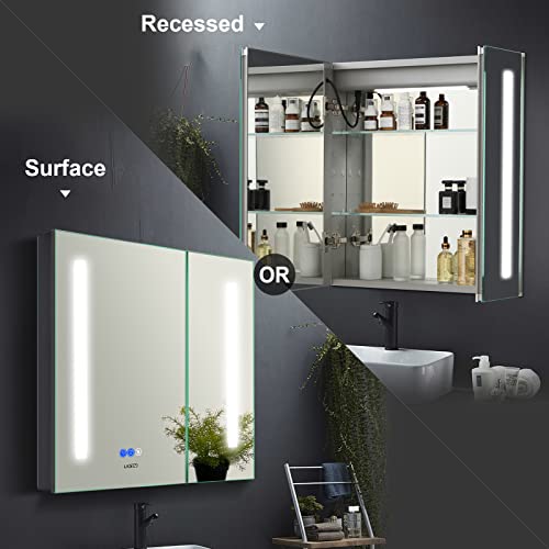 LADEED 25 x 26 Inch Medicine Cabinets Outlet,Led Lighted Medicine Mirror Cabinets for Bathroom, Defogger, Dimmer,Recessed or Surface Wall Mounted Glass Door Cabinet with Double Doors