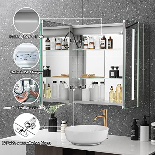 LADEED 25 x 26 Inch Medicine Cabinets Outlet,Led Lighted Medicine Mirror Cabinets for Bathroom, Defogger, Dimmer,Recessed or Surface Wall Mounted Glass Door Cabinet with Double Doors