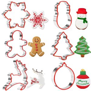 crethinkaty christmas cookie cutter set for baking,stainless steel biscuit cutters with comfort grip,6 pieces fondant cutters-gingerbread man,snowflake,snowman,christmas tree,reindeer,lantern