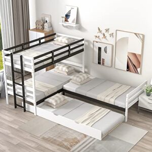 p purlove twin over twin & twin bed bunk with trundle, drawer and ladder, l-shaped bunk bed frame with wooden slat support and full-length guardrails, no box spring needed (white)