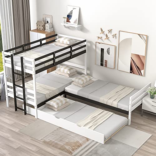 P PURLOVE Twin Over Twin & Twin Bed Bunk with Trundle, Drawer and Ladder, L-Shaped Bunk Bed Frame with Wooden Slat Support and Full-Length Guardrails, No Box Spring Needed (White)