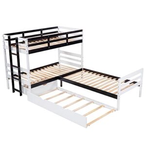 P PURLOVE Twin Over Twin & Twin Bed Bunk with Trundle, Drawer and Ladder, L-Shaped Bunk Bed Frame with Wooden Slat Support and Full-Length Guardrails, No Box Spring Needed (White)