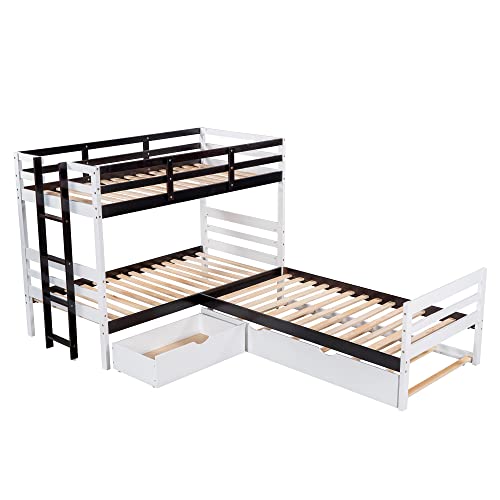 P PURLOVE Twin Over Twin & Twin Bed Bunk with Trundle, Drawer and Ladder, L-Shaped Bunk Bed Frame with Wooden Slat Support and Full-Length Guardrails, No Box Spring Needed (White)