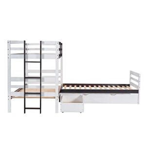 P PURLOVE Twin Over Twin & Twin Bed Bunk with Trundle, Drawer and Ladder, L-Shaped Bunk Bed Frame with Wooden Slat Support and Full-Length Guardrails, No Box Spring Needed (White)