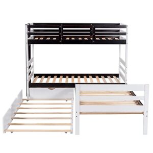 P PURLOVE Twin Over Twin & Twin Bed Bunk with Trundle, Drawer and Ladder, L-Shaped Bunk Bed Frame with Wooden Slat Support and Full-Length Guardrails, No Box Spring Needed (White)