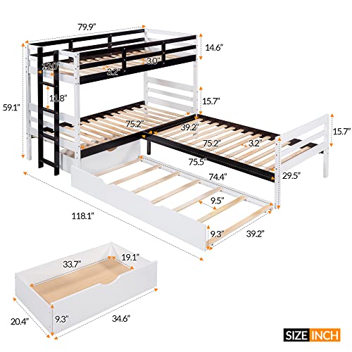 P PURLOVE Twin Over Twin & Twin Bed Bunk with Trundle, Drawer and Ladder, L-Shaped Bunk Bed Frame with Wooden Slat Support and Full-Length Guardrails, No Box Spring Needed (White)