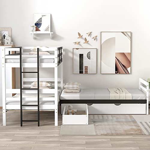 P PURLOVE Twin Over Twin & Twin Bed Bunk with Trundle, Drawer and Ladder, L-Shaped Bunk Bed Frame with Wooden Slat Support and Full-Length Guardrails, No Box Spring Needed (White)