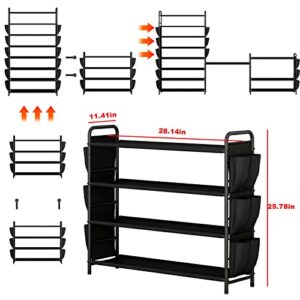 LINZINAR Shoe Rack Organizer 4 Tier Stackable Metal Shoe Storage Shelf with Double Row Side Pockets for Closet Entryway Bedroom, Black