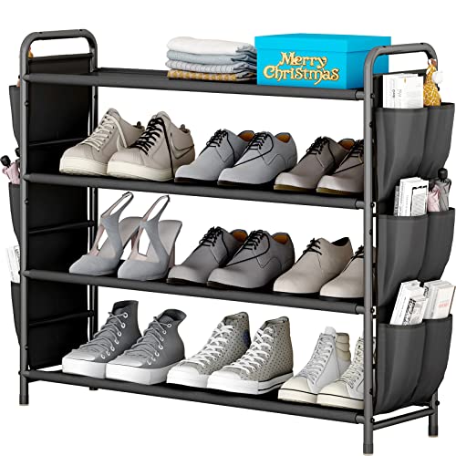 LINZINAR Shoe Rack Organizer 4 Tier Stackable Metal Shoe Storage Shelf with Double Row Side Pockets for Closet Entryway Bedroom, Black