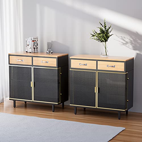 Rophefx 2 Doors Kitchen Sideboard with 2 Drawers Accent Cabinet for Storage with Hollow Doors Entryway Cupboard with Built-in Shelf Iron Accent Cabinet with Carbonized Bamboo Top