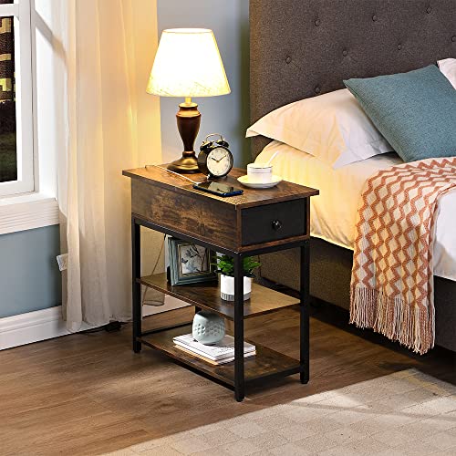 Yoobure End Table with Charging Station, Narrow Sofa Side Table with USB Ports & Outlets, Flip Top Nightstand with Drawer & 2 Storage Shelves End Table for Living Room/Bedroom/Bedside/Couch/Office