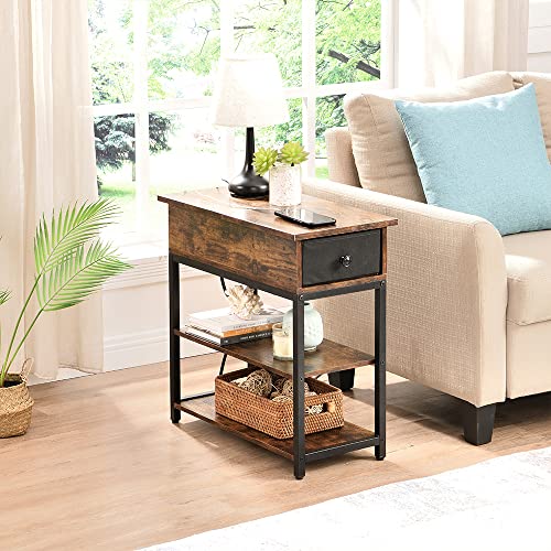 Yoobure End Table with Charging Station, Narrow Sofa Side Table with USB Ports & Outlets, Flip Top Nightstand with Drawer & 2 Storage Shelves End Table for Living Room/Bedroom/Bedside/Couch/Office