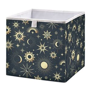 gold sun moon and stars foldable cube storage bins, 11 x 11 x 11 inches, fabric storage baskets bins for nursery,closet shelf,home organization