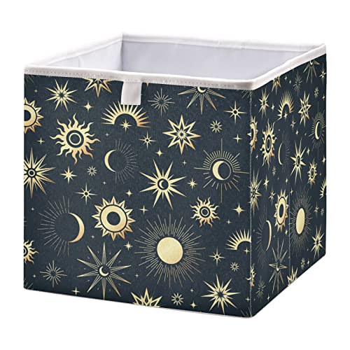 Gold Sun Moon and Stars Foldable Cube Storage Bins, 11 x 11 x 11 inches, Fabric Storage Baskets Bins for Nursery,Closet Shelf,Home Organization