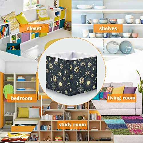 Gold Sun Moon and Stars Foldable Cube Storage Bins, 11 x 11 x 11 inches, Fabric Storage Baskets Bins for Nursery,Closet Shelf,Home Organization