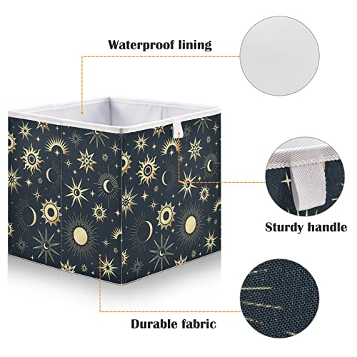 Gold Sun Moon and Stars Foldable Cube Storage Bins, 11 x 11 x 11 inches, Fabric Storage Baskets Bins for Nursery,Closet Shelf,Home Organization