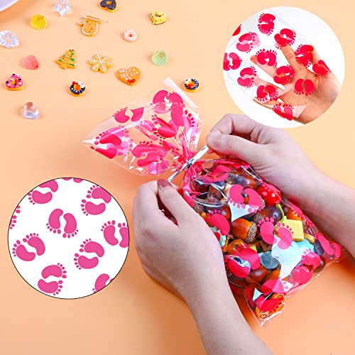 SULOLI Baby Shower Cellophane Bags,120pcs Pink Candy Goodie Bags Gender Reveal Treat Bags with 150 Twist for Baby Shower Party Favor supplies